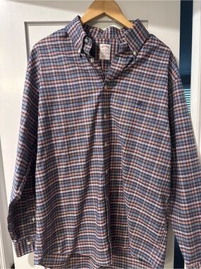 Brooks Brothers, Madison style Men's Navy and Tan Plaid Button-Down Shirt, lg